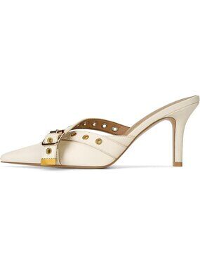 Women's White Kitten Heels Faux Leather Stiletto Pump Sexy Pointy Studded Shoes